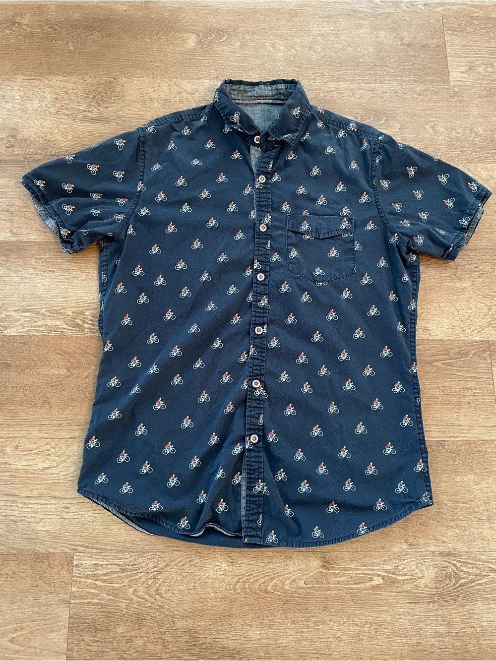 Men's Navy Short-Sleeve Button-Down Shirt with Bicycle Print